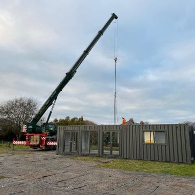 Youth Recreation Centre Converted Shipping Containers (Exterior w/Crane)