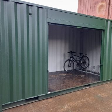 bike storage container with bike inside