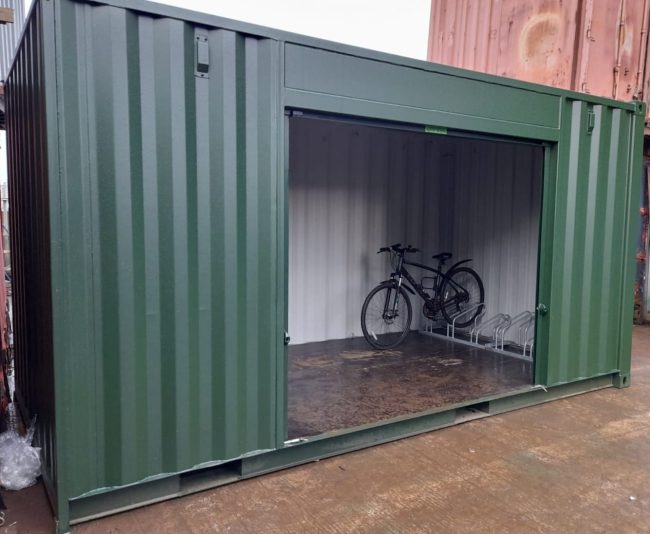 bike storage container with bike inside